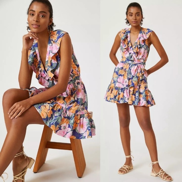 Anthropologie Cecilia Pettersson Wrap Mini Dress size small floral tropical - Picture 2 of 13